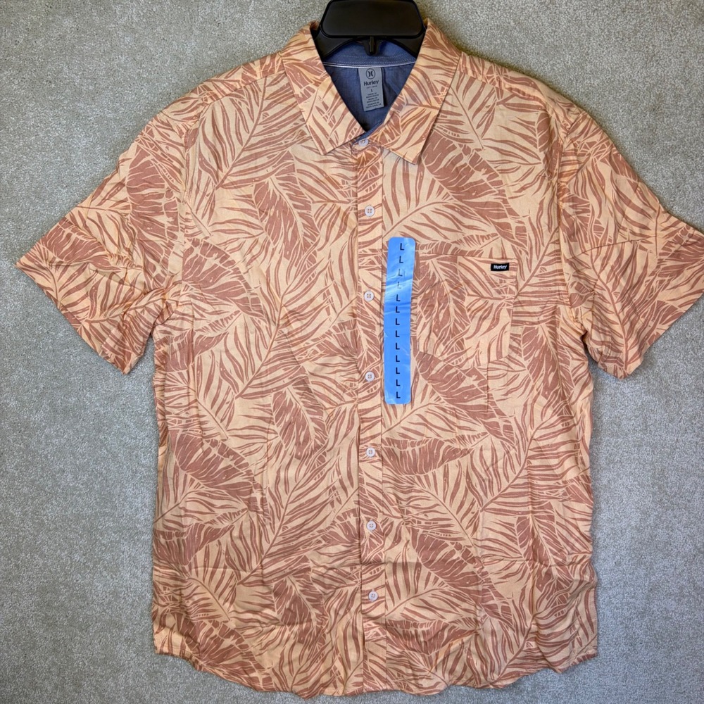 Hurley Button Up Shirt Mens Large Orange Palm Leaf Print Short Sleeve Rayon NEW